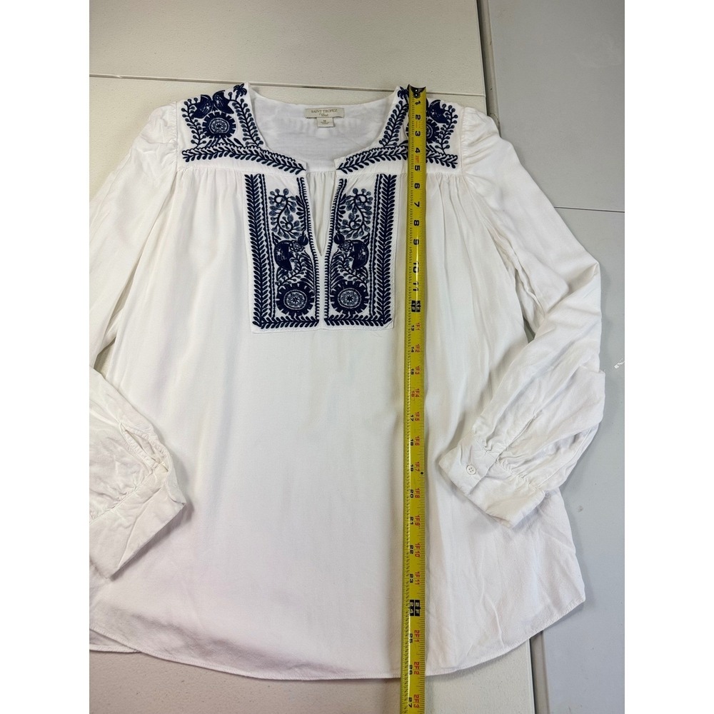 Saint Tropez West Embroidered Blouse Top White Blue Long Sleeve Boho Medium - Picture 6 of 12